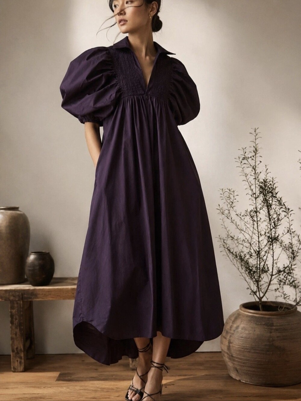 Annie Plum Puff-Sleeve Maxi Dress